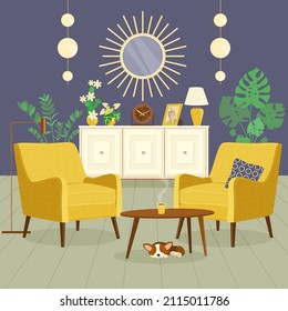 Salón interior con sillón, sideboard, lámparas y plantas de la casa. Colección vectorial de dibujos animados de muebles domésticos. Estilo plano.