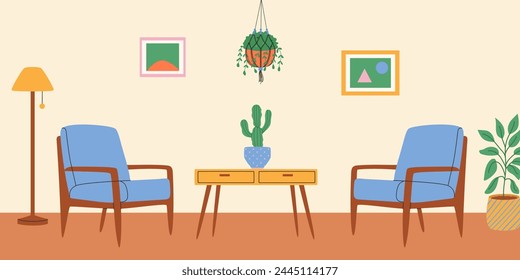 Living room interior with armchairs and macrame plant. Vector illustration