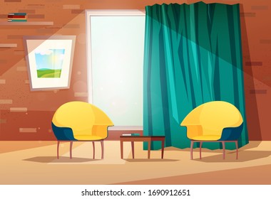 Living room interior with armchairs, table, picture on the wall, a window and a curtain. Brick wall with shelves. Vector illustration.