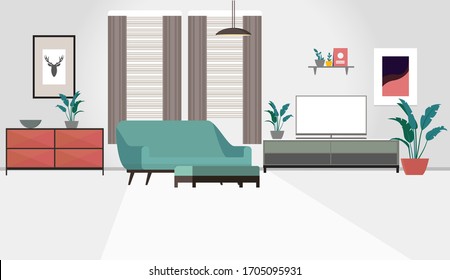 Living room interior background. Illustration of a home with furniture, tv, plants and other cozy apartment elements.