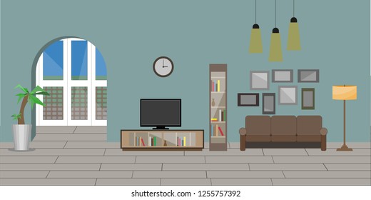 
living room interior with a balcony, an arch and a large window.