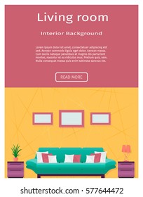 Living room interior banner in bright colors for your web design. Flat vector illustration for website designers..