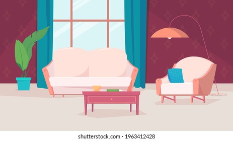 Interior de la sala de estar, cartel en diseño de dibujos animados planos. Apartamento en el interior con sofá, sillón con almohada, mesa baja, ventana con cortina, maceta y decoración. Ilustración vectorial del fondo web