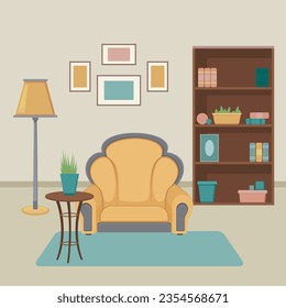 Living room interior with beige armchair vector illustration. Cartoon drawing of chair, floor lamp, bookcase, mint carpet, pictures on walls. Interior design, furniture, decoration concept