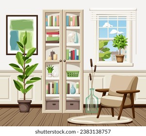 Living room interior with a beige bookcase, an armchair, a window, and houseplants. Cozy room interior design. Cartoon vector illustration. Handmade illustration, not AI