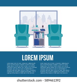 Living room interior with big window and furniture: bookcase and armchairs. Vector illustration with place for your text. 