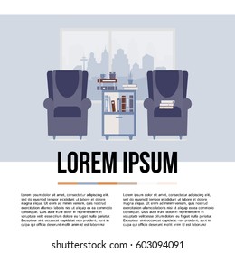 Living room interior with big window and furniture: bookcase and armchairs. Vector illustration with place for your text. 