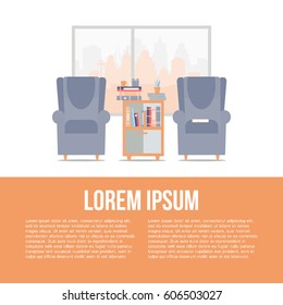 Living room interior with big window and furniture: bookcase and armchairs. Vector illustration with place for your text. 