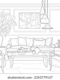 Living room interior. Black and white vector illustration. Sketch. Coloring.