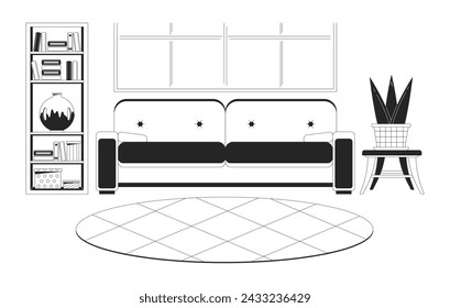 Living room interior black and white 2D line cartoon object. Furniture arrangement in home design isolated vector outline item. Apartment furnishing style monochromatic flat spot illustration