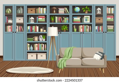 Living room interior with blue bookcases and a beige sofa. Scandinavian interior design. Cartoon vector illustration