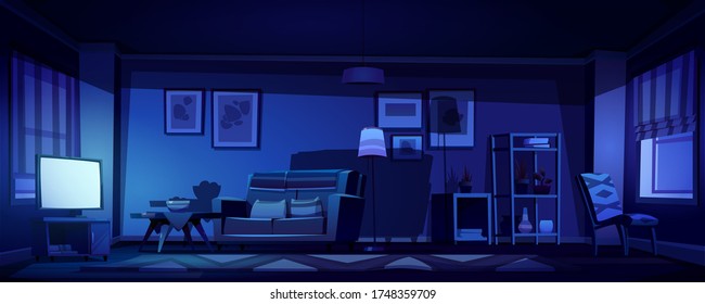 Living Room Interior In Boho Style With Glowing Tv Screen At Night. Vector Cartoon Illustration Of Bohemian Lounge With Sofa, Coffee Table, Armchair And Plants On Shelves. Watch Movie In Dark Room