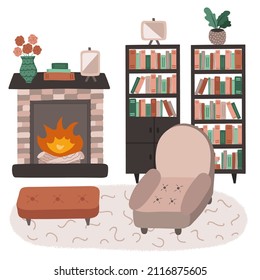 Living room interior in boho style. Lounge with armchair, bookcases, carpet, fireplace, flowers in pot. Cartoon hand drawn illustration. Retro home inside with furniture. Cozy domestic apartment.