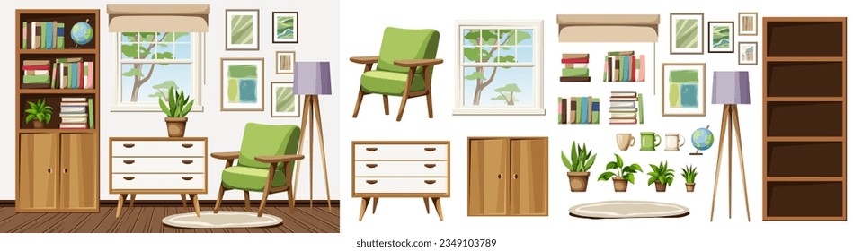 Living room interior with a bookcase, an armchair, and a dresser. Retro Scandinavian interior design. Furniture set. Interior constructor. Cartoon vector illustration