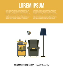 Living room interior with bookcase, armchair, lamp and clock in flat style design. I love reading concept. Vector illustration with place for your text.
