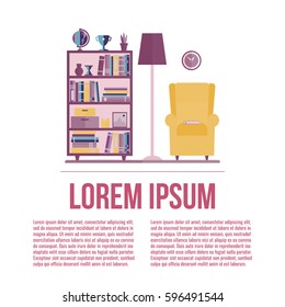 Living room interior with bookcase and armchair. Flat style. Vector illustration with place for your text. 