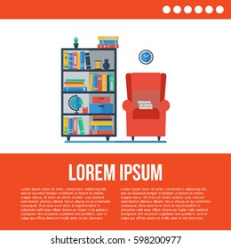 Living room interior with bookcase, armchair and clock in flat style design. I love reading concept. Vector illustration with place for your text.