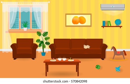 El interior de la sala de estar es de colores vivos, con sofá, sillón, mesa baja, aire acondicionado y juguetes. Ilustración vectorial en un estilo plano.