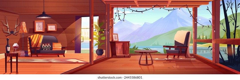 Living room interior and cabin terrace with mountain view. Hotel wood hut for summer holiday vacation. Wooden chalet with patio and lake nature landscape illustration. Villa design with wine and couch