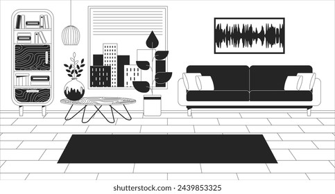 Wohnzimmer Innenraum Cartoon flache Illustration. Komfortabel eingerichtetes Haus. Wohnung mit eleganten Möbeln 2D-Linie Interieur bunter Hintergrund. Wohnhaus-Szene Vektor-Storytelling-Bild