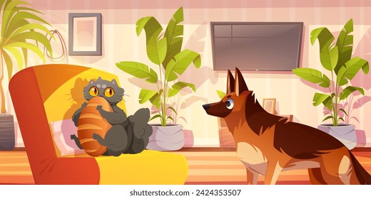 Living room interior with cat and dog. Cartoon home hall inside with puppy stand and look at fluffy grey kitten sitting in armchair and holding bread in paws and mouse. Friendship of domestic animals.