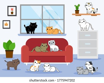 living room interior with cats sitting on armchair. vector
