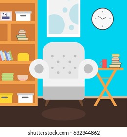 Living room interior, chair bookcase , vector illustration, eps10