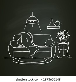 Living room interior chalk icon.Comfortable living room. Modern lounge with comfortable sofa. Apartment furniture sign. Home interior concept. Isolated vector illustration on chalkboard