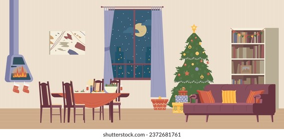 Wohnzimmerinnenraum mit Weihnachtsdekorationen flache Vektorgrafik. Weihnachtsabend mit verziertem Weihnachtsbaum mit Geschenkbox, Kamin mit Strümpfen und Tisch serviert.