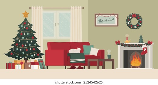 Living room interior with Christmas decorations and gifts, home interior design and lifestyle concept