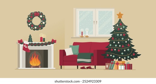 Living room interior with Christmas decorations and gifts, home interior design and lifestyle concept