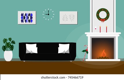Living room interior Christmas style decorated fireplace and black sofa 