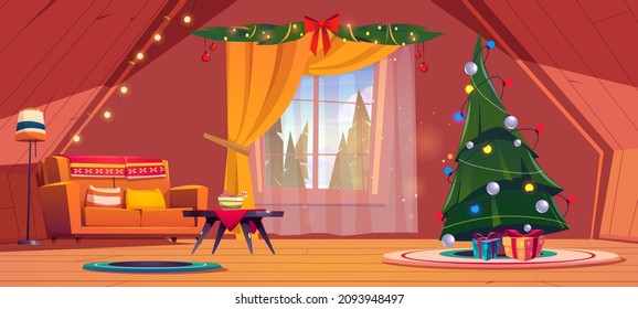 Interior de salón con árbol de Navidad y sofá en el ático de la casa. Dibujo vectorial de una habitación acogedora bajo techo de madera con decoración de Año Nuevo, abeto de Navidad, sofá y bosque detrás de la ventana