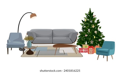 Living room interior with Christmas tree vector.