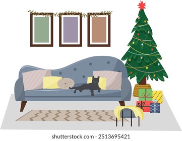 Living room interior with a Christmas tree. Christmas and New Year. Sofa with a cat. Gifts and pouf, paintings on the wall. Vector illustration