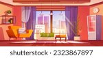 Living room interior with cityview from window cartoon vector background. Modern home design furniture illustration with plant, couch and lamp inside. Lounge armchair scene in urban hotel apartment