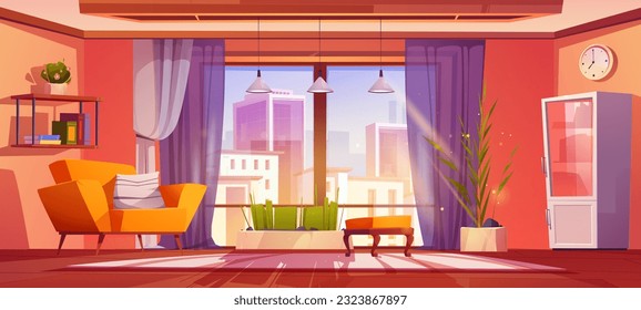 Living room interior with cityview from window cartoon vector background. Modern home design furniture illustration with plant, couch and lamp inside. Lounge armchair scene in urban hotel apartment