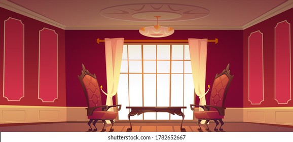 Living room interior in classic vintage style with armchairs and table. Vector illustration of an old living room with wooden furniture