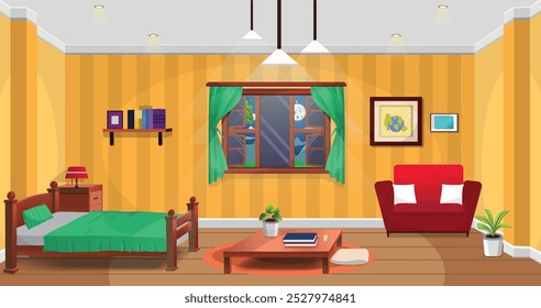 Living room interior comfortable bed and sofa, window and house plants vector flat illustration eps 10