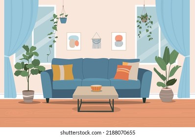 El interior de la sala de estar. Sillón cómodo, sofá y plantas de la casa. Ilustración plana del vector