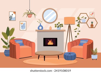 Living room interior. Comfortable chair, fireplace and house plants. Vector flat cartoon illustration