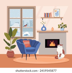 Living room interior. Comfortable chair, window,  fireplace and house plants. Vector flat cartoon illustration