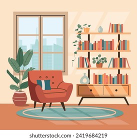 Living room interior. Comfortable chair, window,  bookcase and house plants. Vector flat cartoon illustration