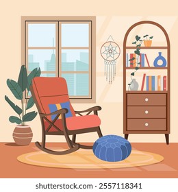 Living room interior. Comfortable chair, window,  bookcase and house plants. Vector flat cartoon illustration