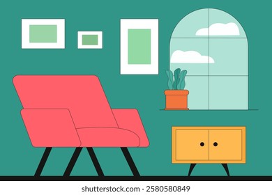 Living room interior. Comfortable chair, stand, photo frame, house plant. Modern isolated vector illustration. 