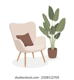 Living room interior. A comfortable modern armchair with a pillow on it and a house plant in pot