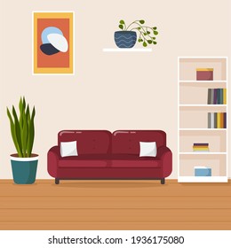 Living Room Interior. Comfortable Red Sofa, Bookcase And  House Plants. Flat Style Vector Illustration.