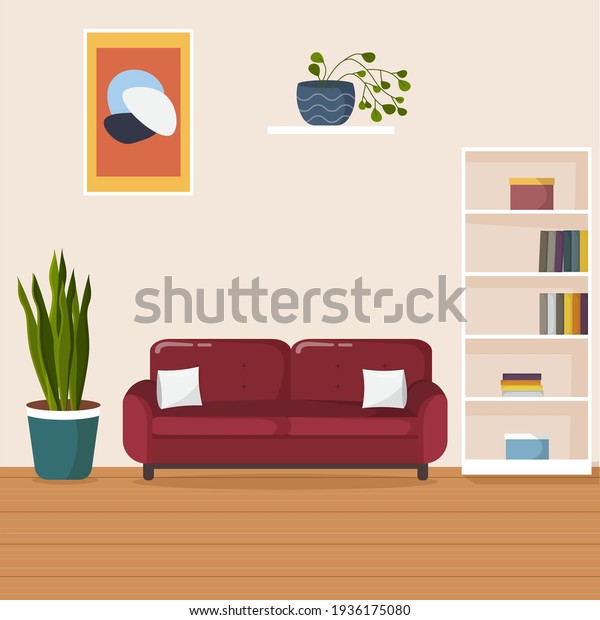 Living room interior.\
Comfortable red sofa, bookcase and  house plants. Flat style vector\
illustration.