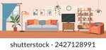 Living room interior. Comfortable sofa, TV,  window, chair and house plants. Vector flat illustration