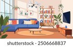 Living room interior. Comfortable sofa, window, TV, bookcase and house plants. Vector flat cartoon illustration